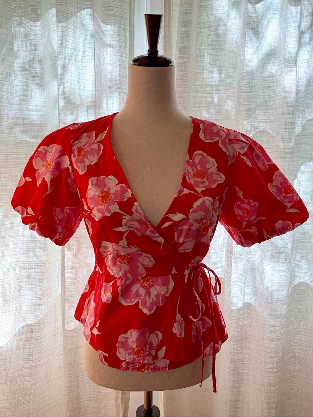 Old Navy Red Floral Wrap Top with Puff Sleeves